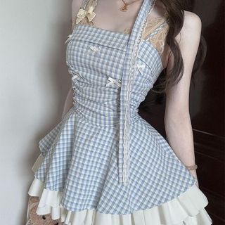 會琴服飾 ins 韓版 甜美風性感蝴蝶結吊帶連衣裙女高腰顯瘦格紋蓬蓬短裙