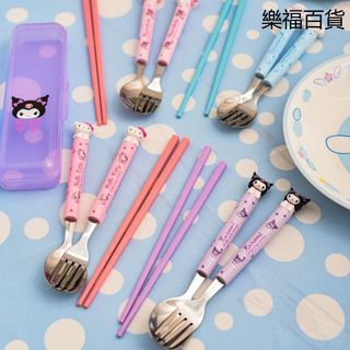 💖樂福梓欣百貨💖兒童學生吃飯 庫洛米大耳狗 公仔造型餐具 筷叉便攜餐具 盒裝不鏽鋼勺