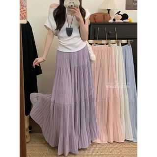 會琴服飾 ins 韓版 2025重工壓褶拼接大擺裙傘裙女裝夏季高腰寬鬆垂感純色半身裙長裙