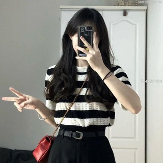 【高級感條紋】針織衫 短袖 T恤 女 夏季 ins潮牌 寬鬆 韓版 港味 chic 別致 上衣 上衣女 短袖上衣 上衣短
