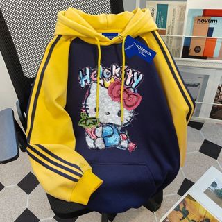 【甜酷Hello Kitty】三條槓拼接連帽衛衣 女 秋 學生 寬鬆 加絨 凱蒂貓上衣 大學T 長袖 外套 顯瘦 衣服