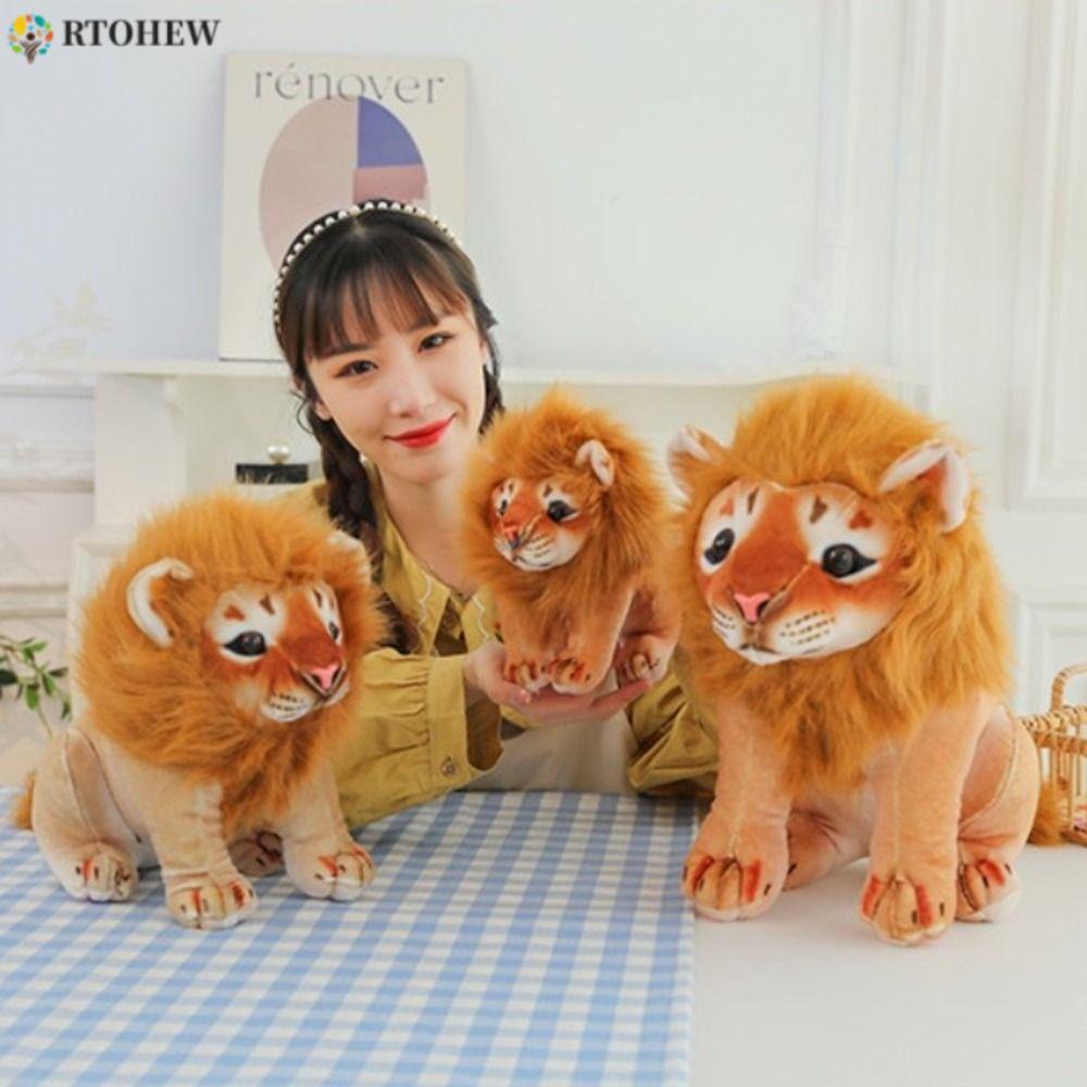 RTOHEW 逼真男獅子毛絨公仔森林動物軟仿真獅子毛絨玩具可愛坐立獅子毛絨公仔長鬃獅仿真獅子毛絨玩具女孩