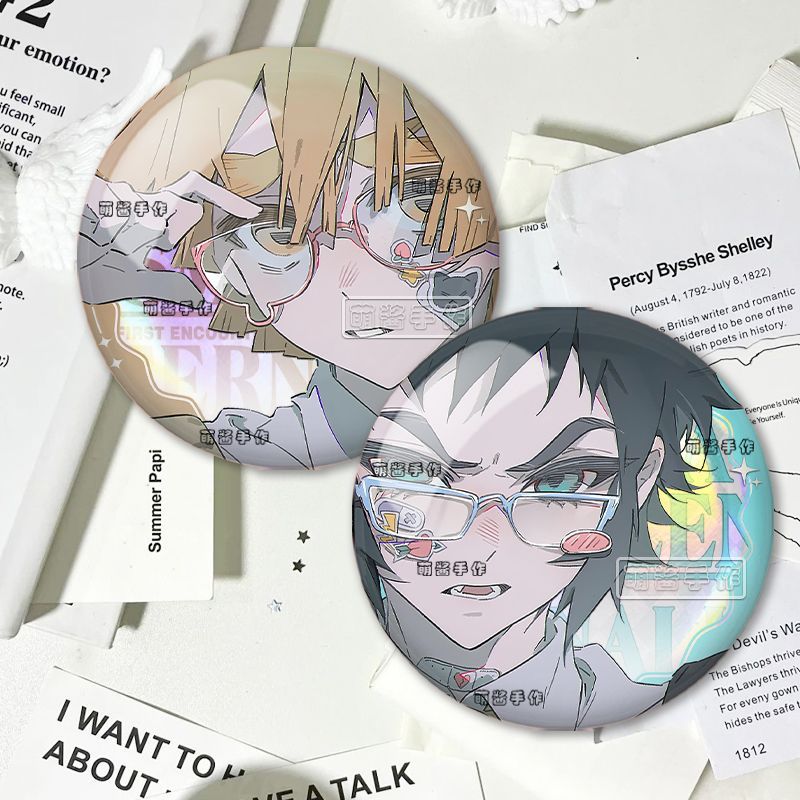 🌅善獪cp雙閃吧唧鬼滅之刃我妻善逸稻玉獪嶽同人鐳射徽章無料谷禮物