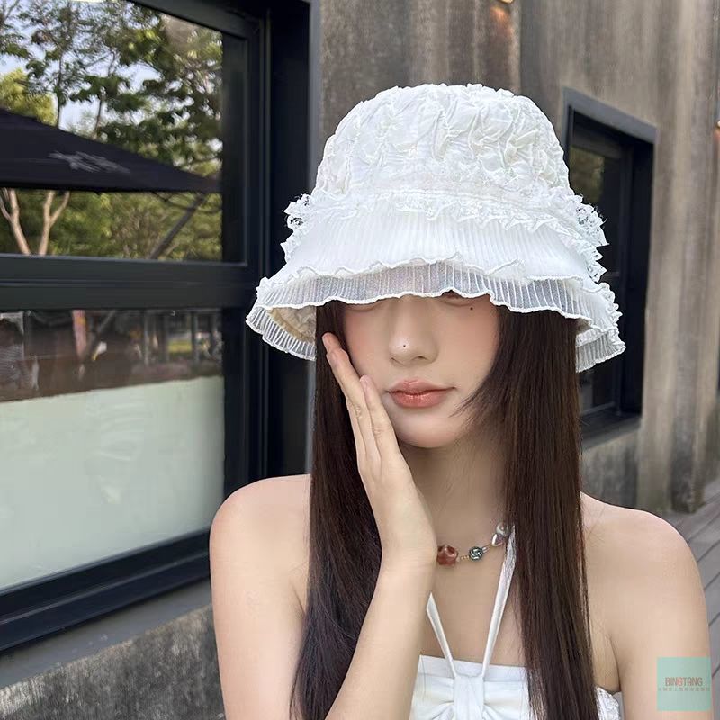 質感穿搭帽子 遮陽帽夏季ins漁夫帽子清新荷葉邊蕾絲鏤空漁夫帽子沙灘防曬遮陽帽女潮