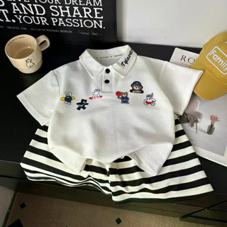 帥氣百搭~男女寶兒童polo領短袖短褲套裝潮流刺繡兩件套時尚 兒童運動套裝 男童套裝 韓版兩件套 可愛夏裝 中小童衣服