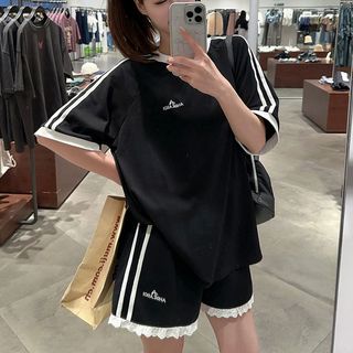 美式顯瘦短袖套裝女夏季寬鬆韓版學生短褲時尚休閒運動兩件套跑步 運動套裝 女短袖套裝 夏天套裝 短袖短褲套裝女 兩件式套裝