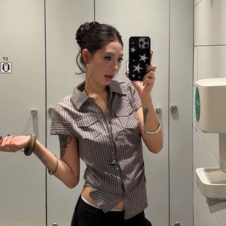 【CHIC日常選物】夏季正肩掐腰短袖襯衫 條紋襯衫短袖 辣妹風上衣 簡約百搭顯瘦上衣