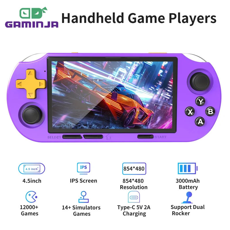 GAMINJA ANS16 開源掌上游戲 4.5 英寸 IPS 屏幕 RGB 照明便攜式複古視頻遊戲機 64GB 適用於