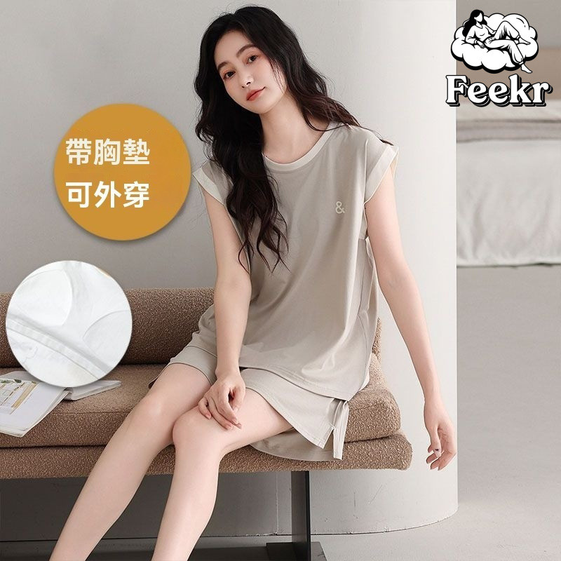 【FeeKr】背心短褲睡衣 寬鬆睡衣 莫代爾睡衣 女士睡衣 帶胸墊睡衣 韓版睡衣 夏季睡衣 可外穿傢居服 睡衣套裝 3