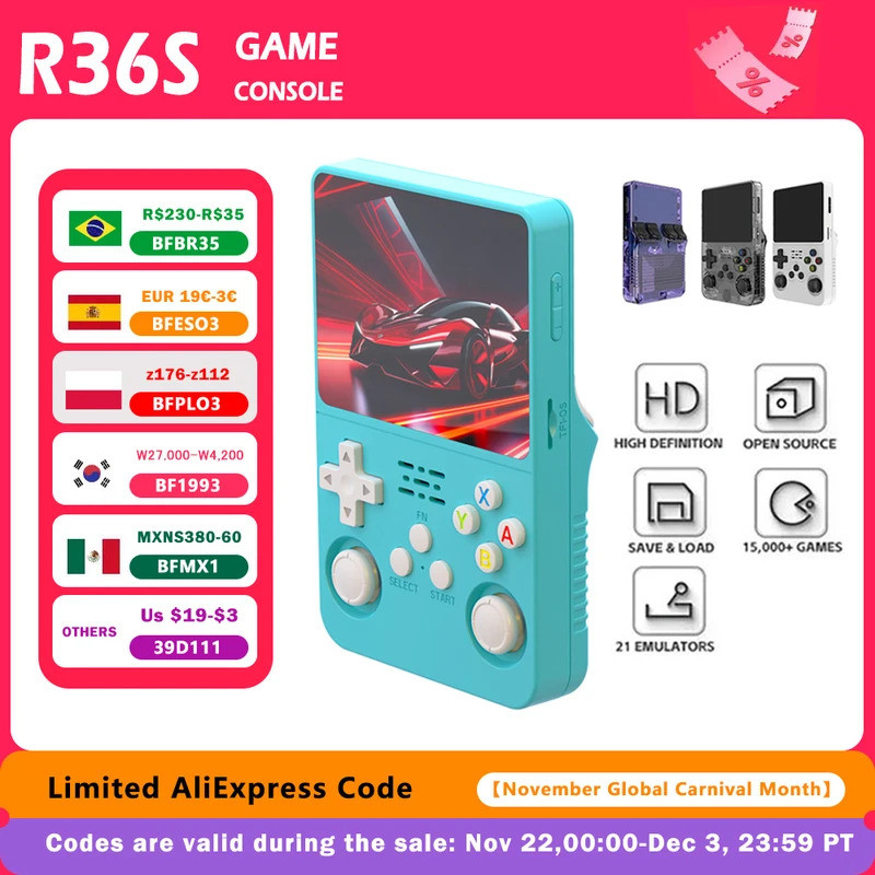R36S 復古手持視頻遊戲機 Linux 系統 3.5 英寸 IPS 屏幕便攜式手持視頻播放器 64GB 15000 遊