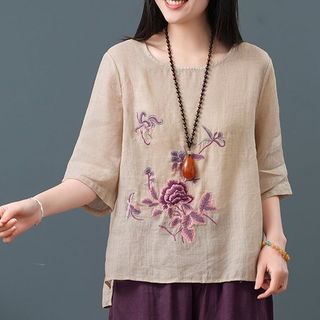 【HOT 本舖】夏季大碼女裝棉麻上衣女刺繡文藝寬鬆百搭復古中國風民族風t恤女