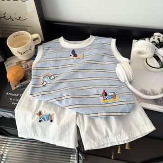 Healthy baby 夏季新款兒童韓版爆款休閒百搭寬鬆卡通背心套裝 無袖背心套裝 男童套裝 兒童套裝