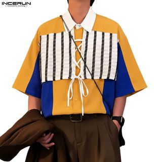 INCERUN 男士時尚撞色拼接條紋五分袖襯衫