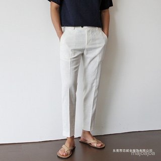 免運 臺灣出貨 夏季寬鬆休閒褲男 亞麻西褲男白色棉麻料九分褲男士休閒褲透氣西裝褲子直筒大碼 5AXN