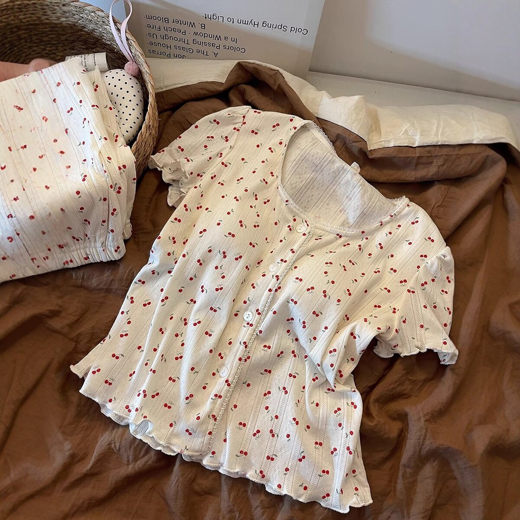 睡衣女少女甜美櫻桃印花睡衣女薄款帶胸墊短袖短褲家居服套裝可外穿 JJLN