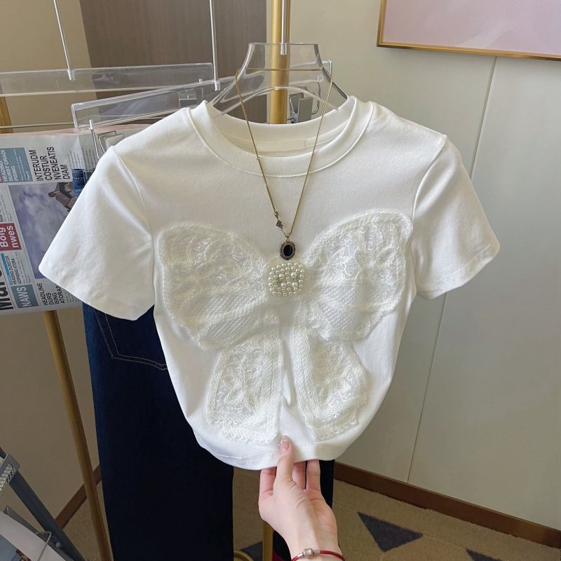mori🎀mori甜美風釘珠蝴蝶結裝飾短袖t恤女夏季短款中大童女設計感上衣