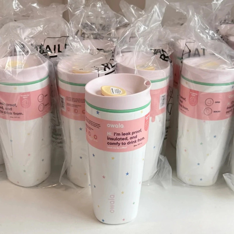 Owala SmoothSip Slider 20 盎司玻璃杯,帶陶瓷內保溫杯,帶防溢滑蓋,適用於熱咖啡和冰拿鐵(白星設