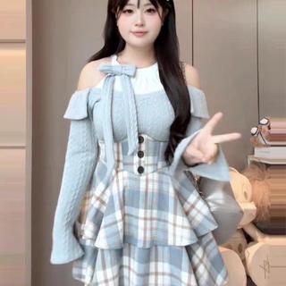 日系女裝 森系女裝 日系森林系 日系服飾 日系洋裝 森林系服飾 【雲端藍格】胖mm秋冬針織露肩上衣搭格紋魚骨超高腰半身裙