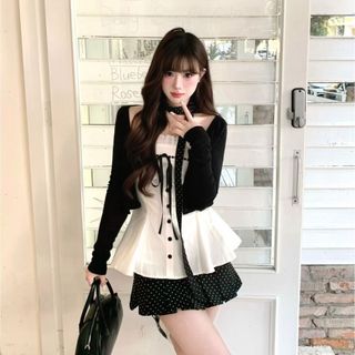 日系女裝 森系女裝 日系森林系 日系服飾 森林系女裝 森林系服飾 6US三件套女春季新款韓系蝴蝶結抹胸背心長袖開衫高腰波