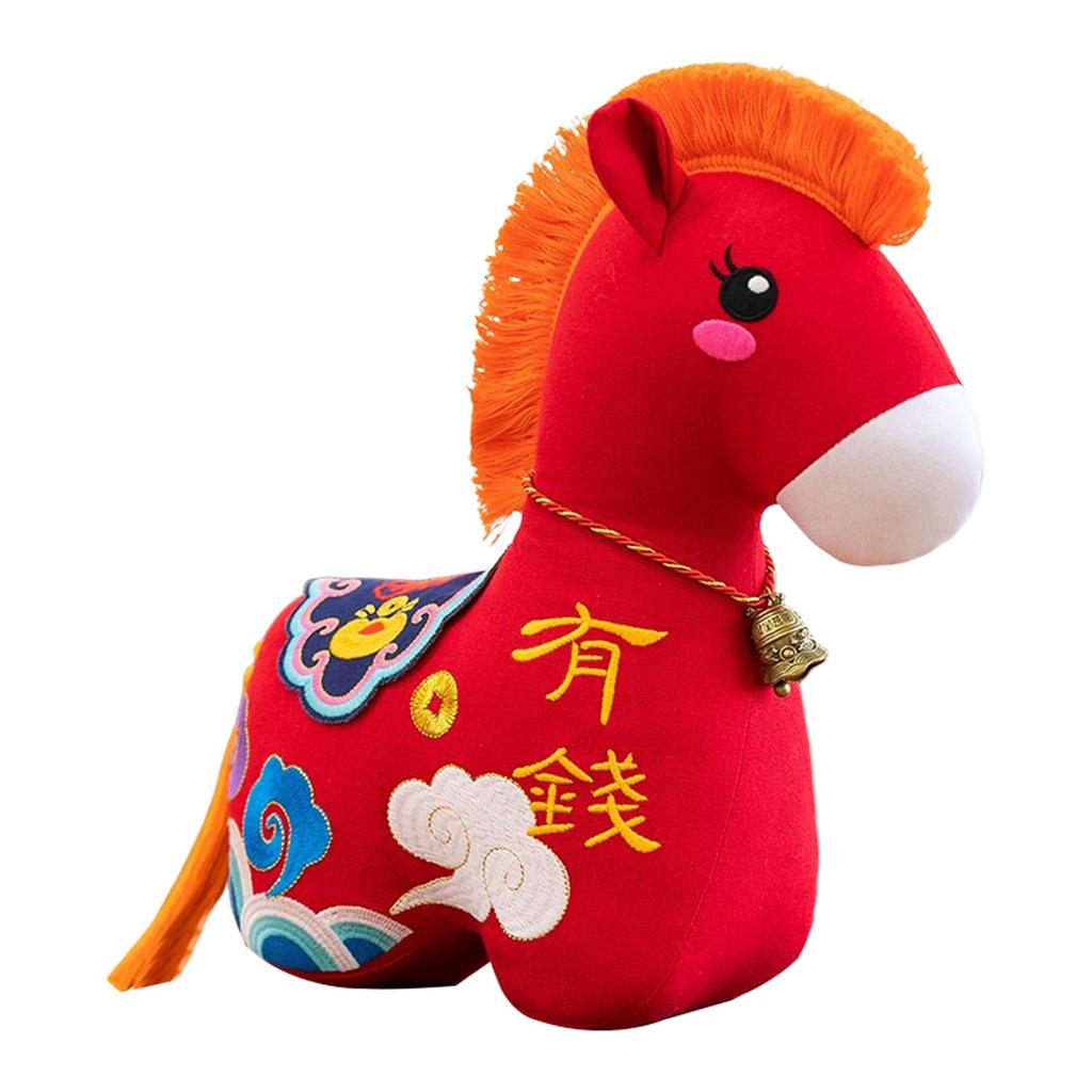【限時下殺】新年馬毛絨動物毛絨公仔玩具擺件吉祥物紀念品祝福裝飾帶鈴鐺流蘇尾巴由PP布滌製成