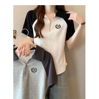 愛依依 短袖T卹 上衣 打底衫M-2XL 新款百搭拼色polo領短袖正肩顯瘦棉體卹上衣-14620.