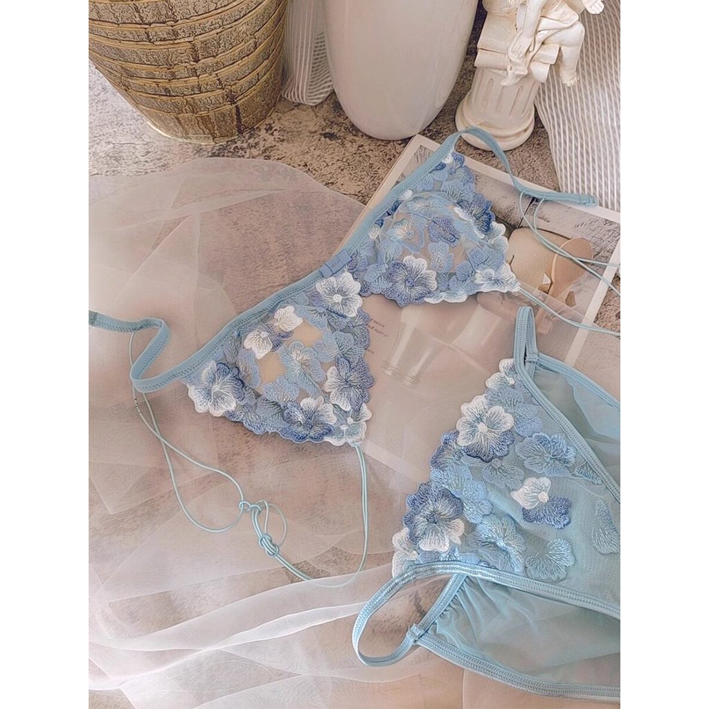 涼感內衣法式性感bralette美背細帶小胸蕾絲文胸無鋼圈超薄三角杯內衣套裝無痕 美背内衣 大胸显小 性感内衣