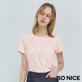 SO NICE 粉紅棉花糖珍珠假項鍊造型棉質上衣｜都會時尚女裝【75631012】