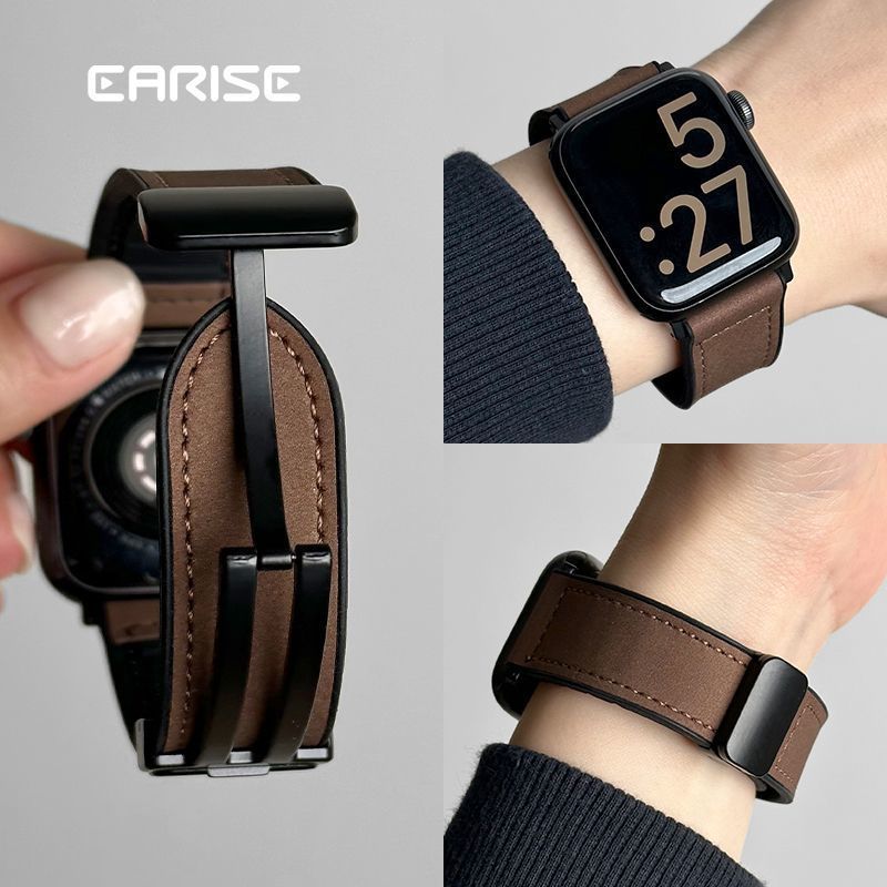 ⌚秋冬質感首選｜瘋馬皮紋磁吸錶帶for Apple Watch適用蘋果S10錶帶watch9磁吸扣S8 S9秋冬S7腕帶