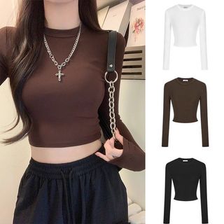 MeetYou 長袖t恤女 短款衣服 內搭上衣 修身上衣 打底衣 咖色素t 短版上衣 咖啡色上衣 高彈性 貼身 素色