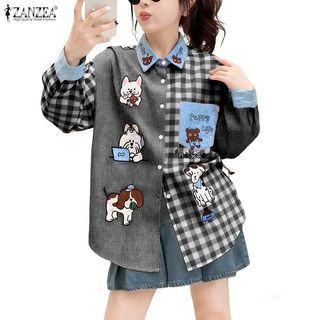 ZANZEA 女士街頭復古韓版休閒翻領長袖寬鬆格子卡通動物印花襯衫