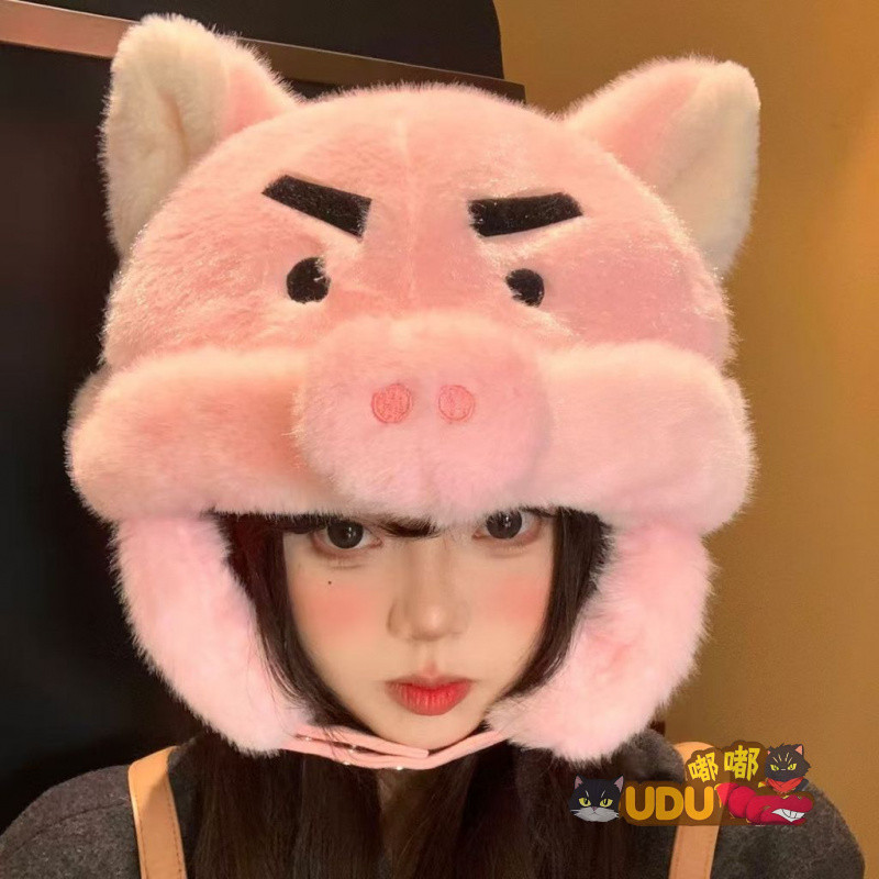 趣味 肥嘟嘟左衛門玩偶帽子 甜美 可愛小豬帽子 秋冬 保暖防風護耳帽 卡通 肥嘟嘟左衛門頭套 動漫周邊 朋友禮物