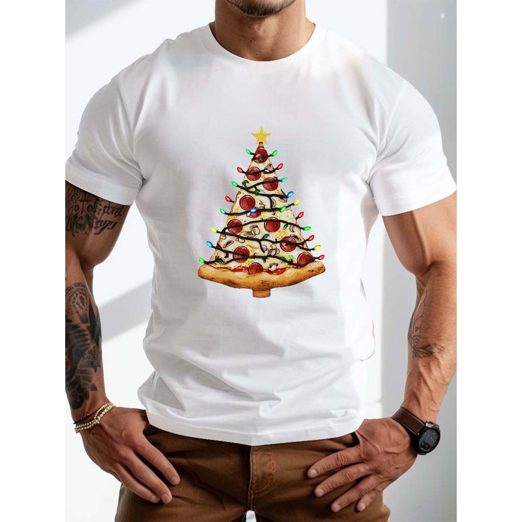 男士聖誕披薩樹圖案 T 恤 | 休閒短袖,透氣,可機洗,船員