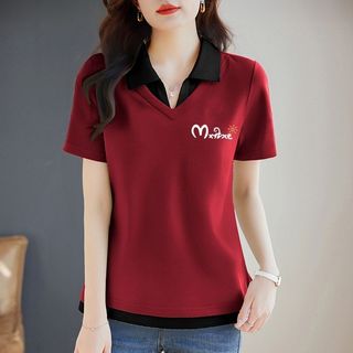 5XL 大碼女裝 假兩件上衣 翻領短袖t恤女夏季2026新款時尚洋氣體恤polo衫大碼假兩件上衣服 短袖上衣 夏季女裝