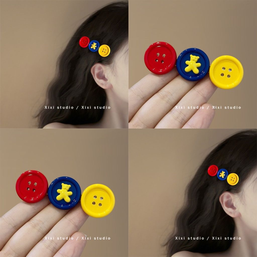 mori🎀mori可愛撞色小熊鈕釦髮夾時尚百搭側邊劉海夾少女心鴨嘴夾子頭飾