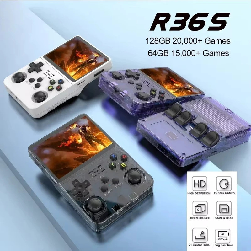 R36S 復古手持視頻遊戲機 3.5 英寸 IPS 屏幕 64GB 128GB 預裝遊戲便攜式袖珍播放器,帶 Linux