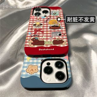 蘋果17promax i14 16手機殼iphone16 i17紅格紋臘腸犬二合一小狗菲林i13 11 i12保護殼