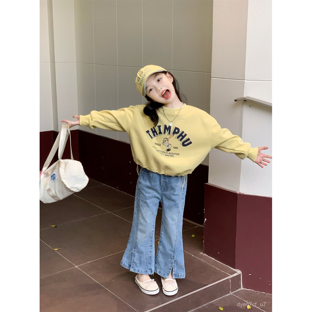 喵咪咪童裝【免運+全店促銷】春季新款 女童卡通寬鬆衛衣+牛仔喇叭褲兩件套兒童春裝套裝 女童裝 女童衣服 女童套裝