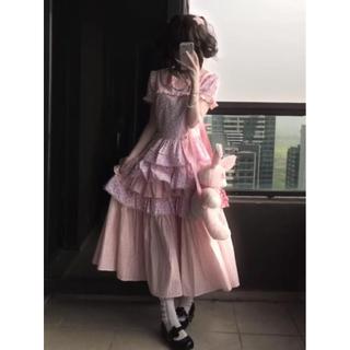 日系女裝 森系女裝 日系森林系 日系服飾 日系洋裝 森林系服飾 日系甜美可愛娃娃領短袖上衣夏日新款粉色少女小眾半身裙兩件