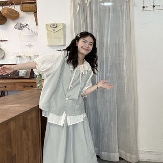 日系女裝 森系女裝 日系森林系 日系服飾 森林系女裝 森林系服飾 夏季新款韓系寬鬆復古繫帶娃娃領襯衫疊穿壓褶馬甲花邊半身