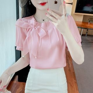 會琴服飾 ins 韓版 夏季新款韓版氣質圓領褶皺蝴蝶結短袖雪紡衫女別緻漂亮甜美小衫