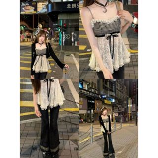 W.Mei 日系女裝 森系女裝 日系森林系 日系服飾 森林系女裝 森林系服飾 心動戀人修身顯瘦設計格子蕾絲拼接吊帶+開衫