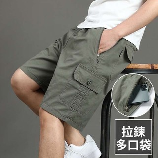 【L-6XL】100%純棉 大尺碼工裝短褲男 休閒褲 中年商務褲 短褲5分褲 寬鬆 男 夏季 拉鏈口袋工裝褲 大碼休閒褲