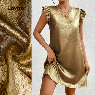 Lovito 波西米亞風度假風荷葉邊春夏金色洋裝 女款 LBL32297