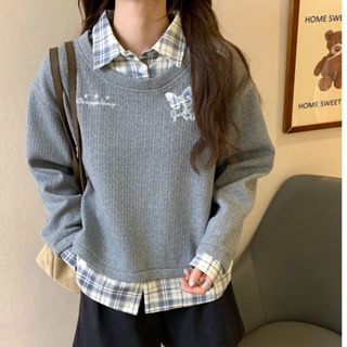 愛依依 衛衣 長袖T卹 印花T卹 保暖S-2XL新款拼接疊穿百搭休閒外穿通勤polo領設計刺繡個性小眾衛衣-12754.