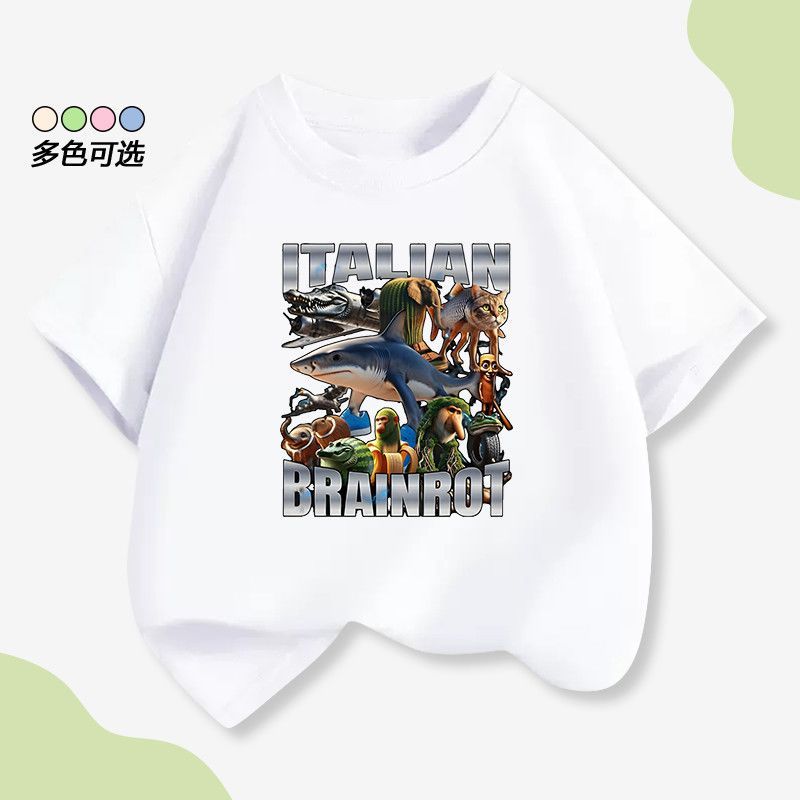 【台灣-出貨】外國版山海經Italian Brainrot Al腦洞鯊魚男女兒童短袖T恤親子裝ETTX