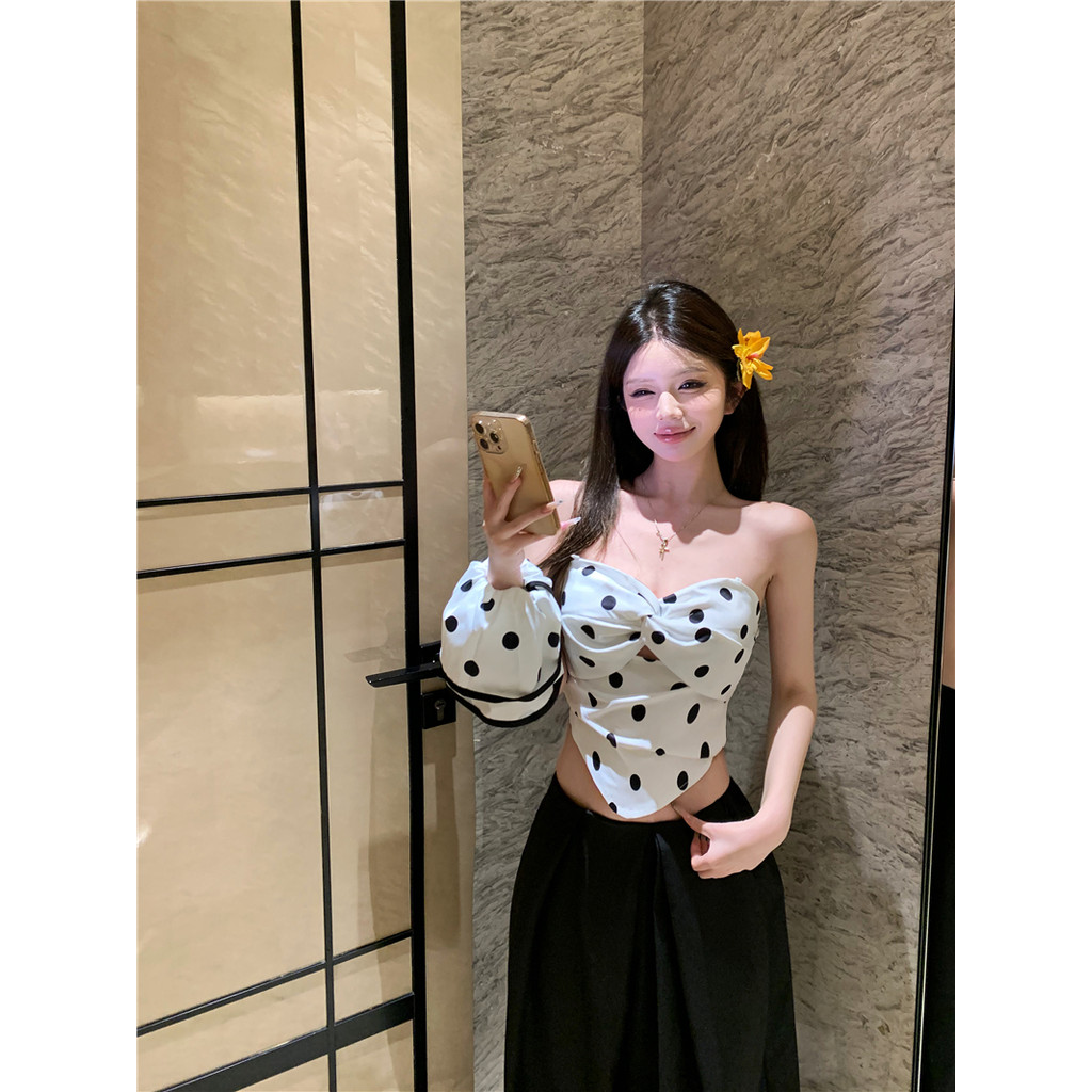 實拍 S-M 一字領波點上衣女 多種穿法抹胸女 黑色長褲女 法式套裝女 復古短版上衣 寬鬆闊腿休閒褲女 修身顯瘦短袖女