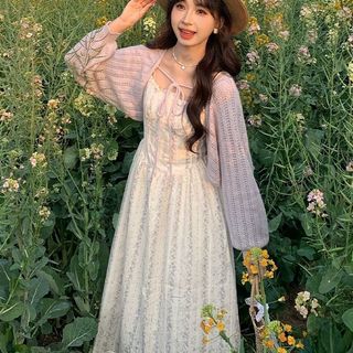日系女裝 森系女裝 日系森林系 日系服飾 日系洋裝 法式溫柔風花邊吊帶連衣裙女新款春季外帶坎肩針織衫兩件套裝