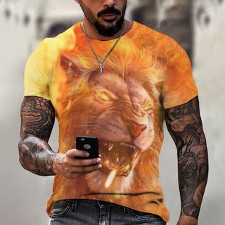 男士豹紋T恤 Tiger Fighting Animal Beast長袖的ins/豹紋3D T恤男式短袖上衣 T恤 百搭