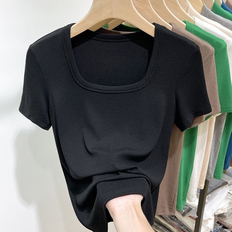 🌷新店特惠🌷 M-4XL 大尺碼 方領上衣女 螺紋T恤女 素色短袖T恤女微胖mm夏新款低胸露鎖骨u領上衣女