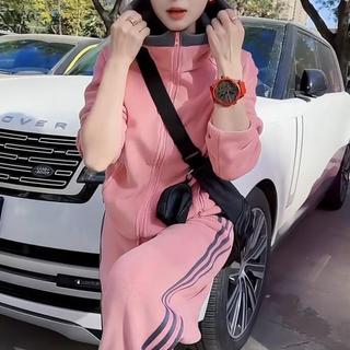 愛依依 套裝 上衣 長褲休閒褲 S-2XL 新款撞色搖粒絨衛衣套裝加絨保暖連帽外套休閒褲兩件套-12713.